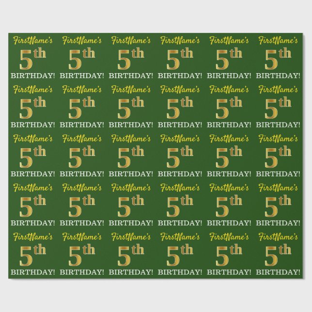 Papier Cadeau Vert, Imitation Or Look "5e anniversaire" (Plat)