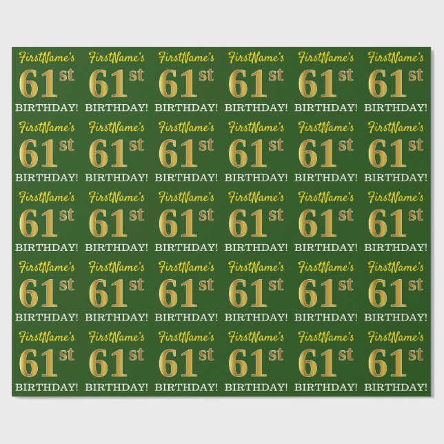 Papier Cadeau Vert, Imitation Or Look "61ème anniversaire" (Plat)