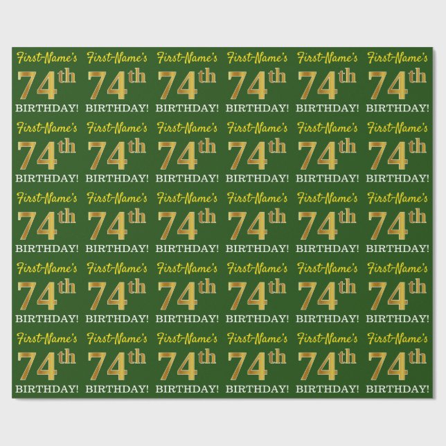 Papier Cadeau Vert, Imitation Or Look "74e anniversaire" (Plat)