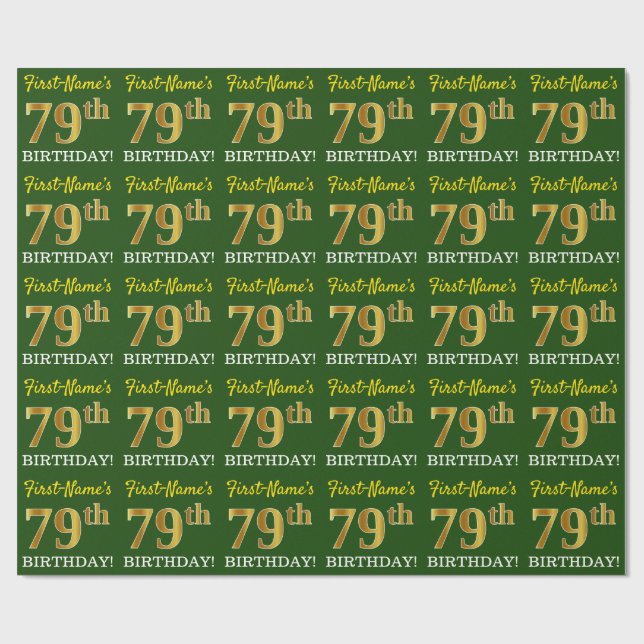 Papier Cadeau Vert, Imitation Or Look "79ème anniversaire" (Plat)