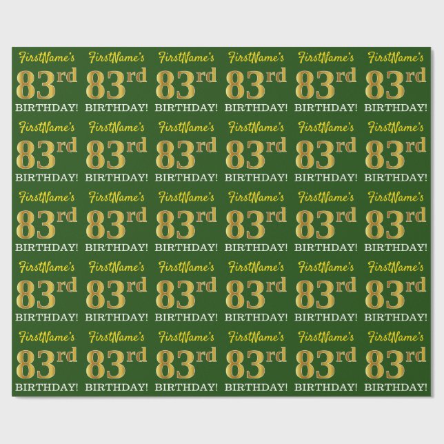 Papier Cadeau Vert, Imitation Or Look "83ème anniversaire" (Plat)