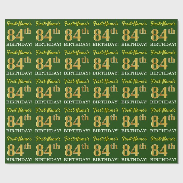 Papier Cadeau Vert, Imitation Or Look "84e anniversaire" (Plat)