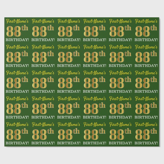 Papier Cadeau Vert, Imitation Or Look "88ème anniversaire" (Plat)