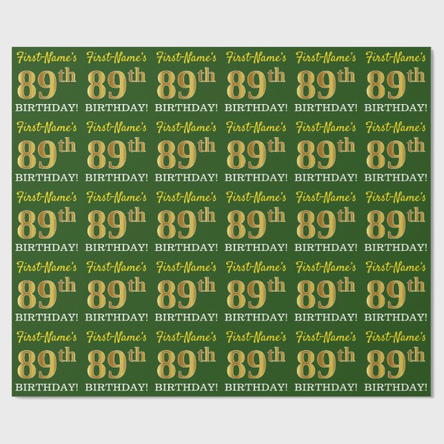 Papier Cadeau Vert, Imitation Or Look "89ème anniversaire" (Plat)