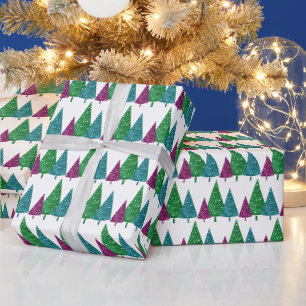 Papier Cadeau Vert Magenta Turquoise Aquarelle Arbres Motif
