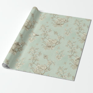 Papier Cadeau Vert menthe toile de Jouy française oiseaux et fle