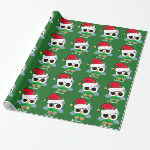 Papier Cadeau Vert mignon de coutume de hibou de Noël