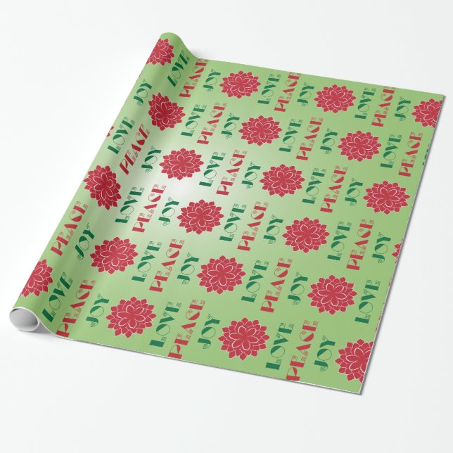 Papier Cadeau Vert moderne et rouge Amour, Paix, Joie citation (Déroulé)