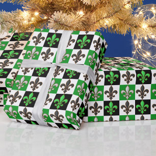 Papier Cadeau Vert Noir Blanc À damiers Fleur de lis Design