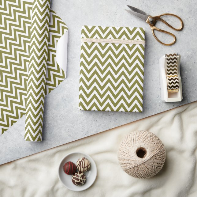 Papier Cadeau Vert olive et blanc Chevron (Artisanat)