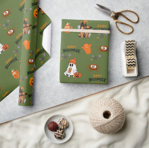 Papier Cadeau vert olive Joyeux Halloween Cute Ghost Citrouille