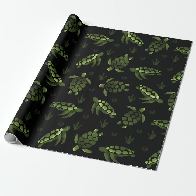 Papier Cadeau Vert Ombre Aquarelle Tortue de mer Imprimer (Déroulé)
