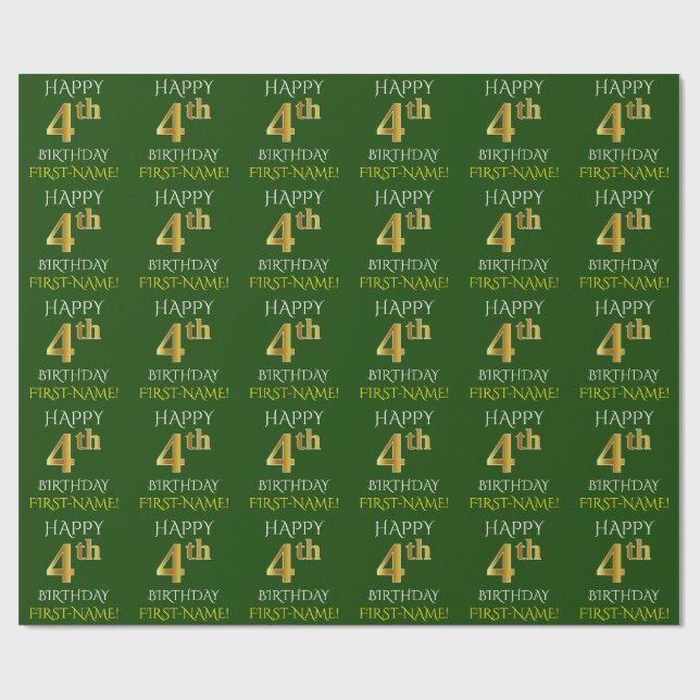 Papier Cadeau Vert, Or Faux "JOYEUX 4ème ANNIVERSAIRE" (Plat)