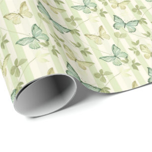 Papier cadeau vert papillon et rayures pour annive