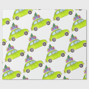 Papier Cadeau Vert Retro Fiat 500 Cadeaux de Noël Aquarelle