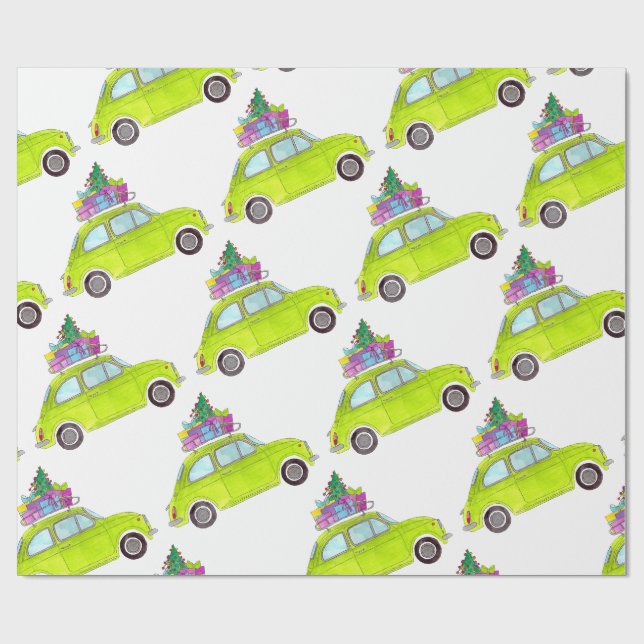 Papier Cadeau Vert Retro Fiat 500 Cadeaux de Noël Aquarelle (Plat)