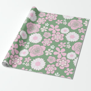 Papier Cadeau Vert rose blanc rétro Y2K les années 70 Fleur Moti