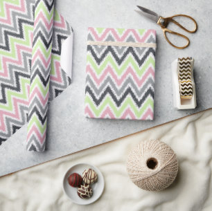 Papier Cadeau Vert rose gris Zigzags Ikat Motif
