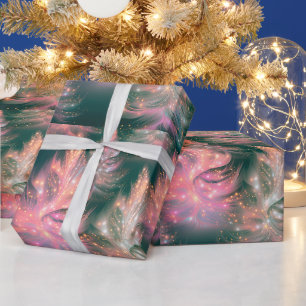 Papier Cadeau Vert rose violet blanc Arbres modernes Noël