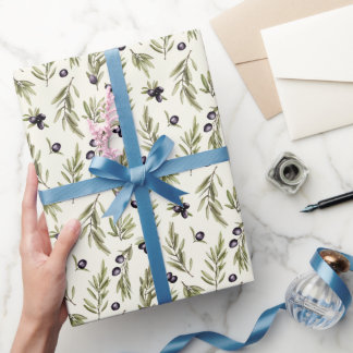 Papier Cadeau Vert sauge aquarelle motif olivier campagne frança