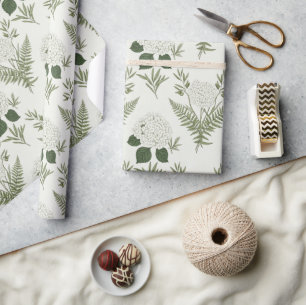 Papier Cadeau Vert sauge botanique fougère et hortensia