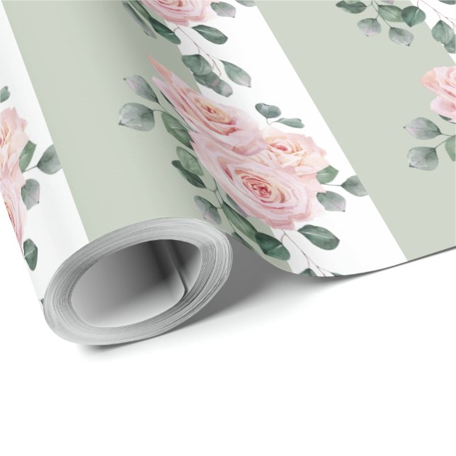 Papier Cadeau Vert sauge clair et roses à l'aquarelle en rayures (Coin rond)