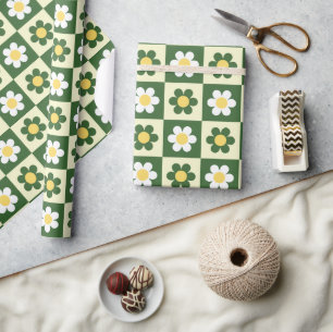 Papier Cadeau Vert sauge rétro et damier de marguerite crème