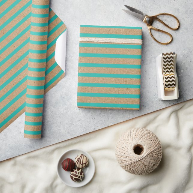 Papier Cadeau Vert Turquoise Lignes Bleues Faux Rustique Brown K (Artisanat)
