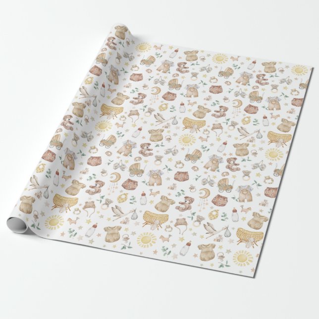 Papier Cadeau Vêtements de bébé bohémiens modernes confits Jouet (Déroulé)