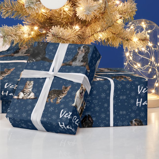 Papier Cadeau Vétérinaire des chats et des chiens en bleu (Vacances)