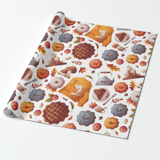 Papier Cadeau Vibes d'automne - Citrouilles, Pomme Pie, Champign (Déroulé)