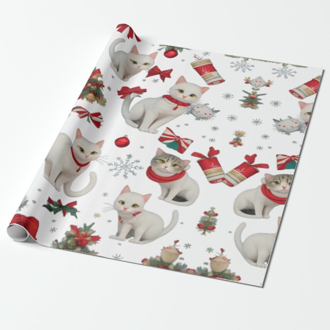 Papier Cadeau Vibes de Noël Chats sans couture Motif (Déroulé)