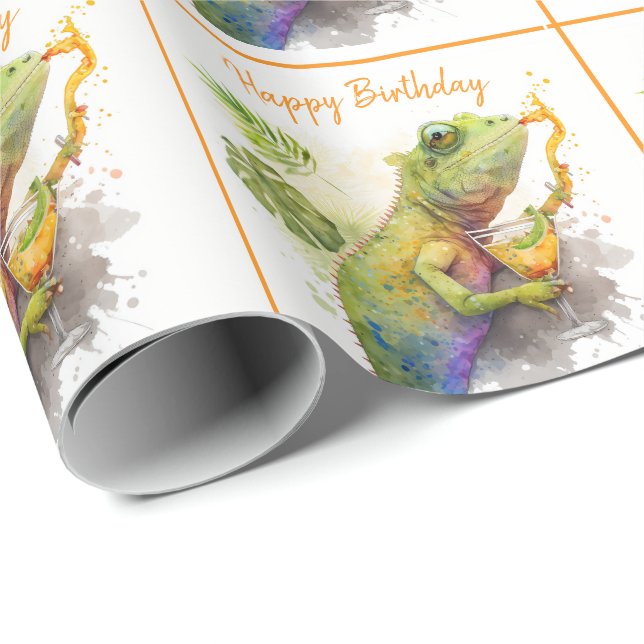 Papier Cadeau Vibes d'été Aquarelle Chameleon - Joyeux anniversa (Coin rond)