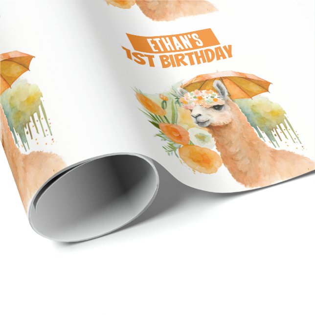 Papier Cadeau Vibes d'été Aquarelle Llama Anniversaire (Coin rond)