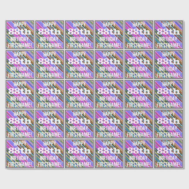 Papier Cadeau Vibrant, coloré 88ème anniversaire + Nom personnal (Plat)
