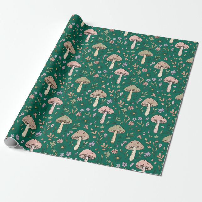 Papier Cadeau Vibrant Deep Emerald Green Fungi Seamless Pattern (Déroulé)