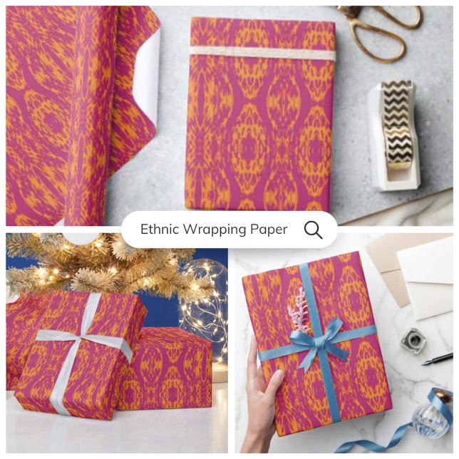 Papier Cadeau Vibrant violet orange mosaïque ethnique géométriqu (Add a splash of culture and color to your gifts with Vibrant Purple and Orange Ethnic Wrapping Paper)
