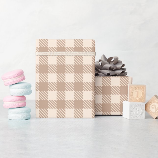 Papier Cadeau Vichy marron beige classique à carreaux à pois (Baby Shower)
