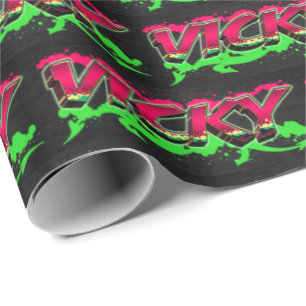 Papier Cadeau Vicky prénom Graffiti red green