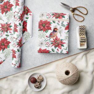 Papier Cadeau Vie de Noël aquarelles fleurs, feuilles, oiseaux