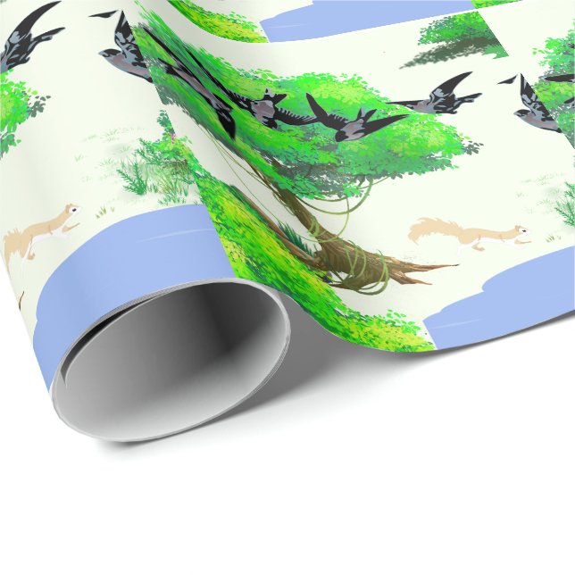 Papier Cadeau Vie forestière printanière avec oiseaux et écureui (Coin rond)