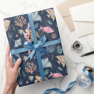 Papier Cadeau Vie océanique à l'aquarelle Bleu marine texturé