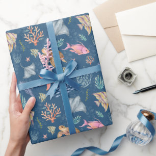 Papier Cadeau Vie océanique à l'aquarelle Texturé Bleu azur fonc