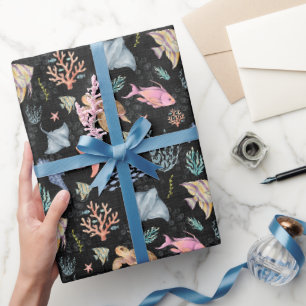 Papier Cadeau Vie océanique à l'aquarelle Texturé Noir