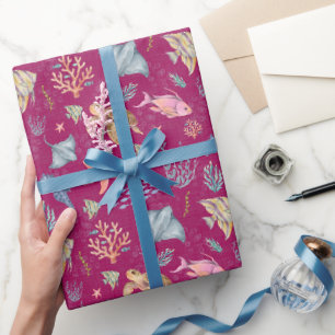 Papier Cadeau Vie océanique à l'aquarelle Texturé rose foncé
