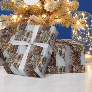 Papier Cadeau vieille campagne gîtes de neige scène à noël