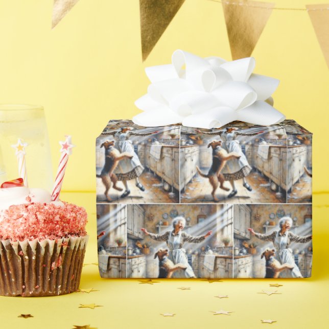Papier Cadeau Vieille Femme Dansant Avec Chien (Fête d'anniversaire)