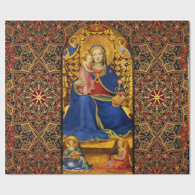 Papier Cadeau VIERGE AVEC ENFANT ET ANGES, Red Blue Gold Xmas (Plat)