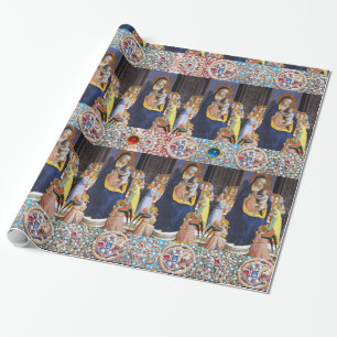 PAPIER CADEAU VIERGE AVEC ENFANT ET SAINTS, JEUX BLEU ROUGE