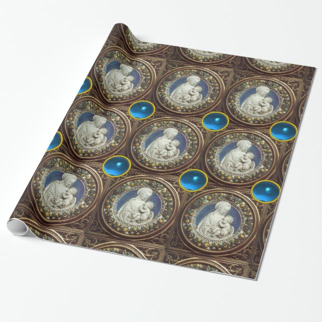 Papier Cadeau VIERGE AVEC ENFANT, Pierres de saphir bleu (Déroulé)